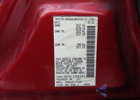 2016 Nissan Altima 2.5/2.5 S/2.5 Sl/2.5 Sr/2.5 Sv z USA, uszkodzony, nr VIN 1N4AL3AP7GC234191